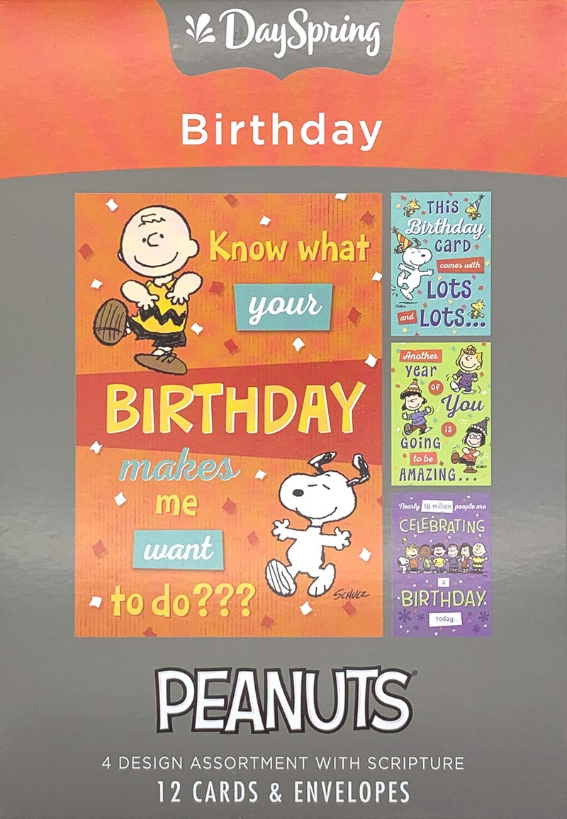 DaySpring - Peanuts - Happy Birthday - 4 Design Assortment with Scripture - 12 Boxed Cards & Envelopes (J0381) - Image 1